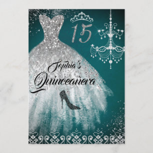 Teal Silber Glitzer Diamant Kleid Quinceanera Einladung