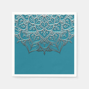 Teal & Silber Mandala Elegante Minimal Hochzeit Serviette