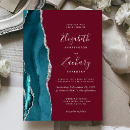 Teal Silver Agate Burgundy Wedding Invitation Einladung