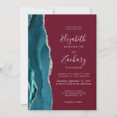Teal Silver Agate Burgundy Wedding Invitation Einladung (Vorderseite)