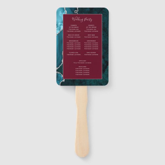 Teal Silver Agate Burgundy Wedding Program Fächer (Rückseite)