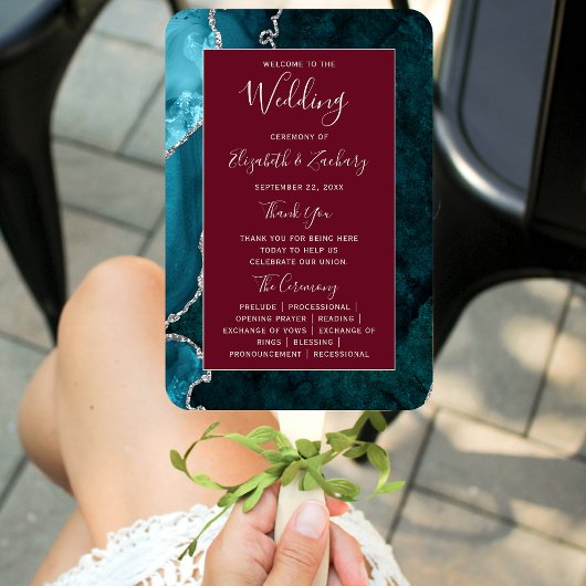Teal Silver Agate Burgundy Wedding Program Fächer