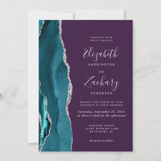 Teal Silver Agate Purple QR Code Wedding Einladung (Vorderseite)