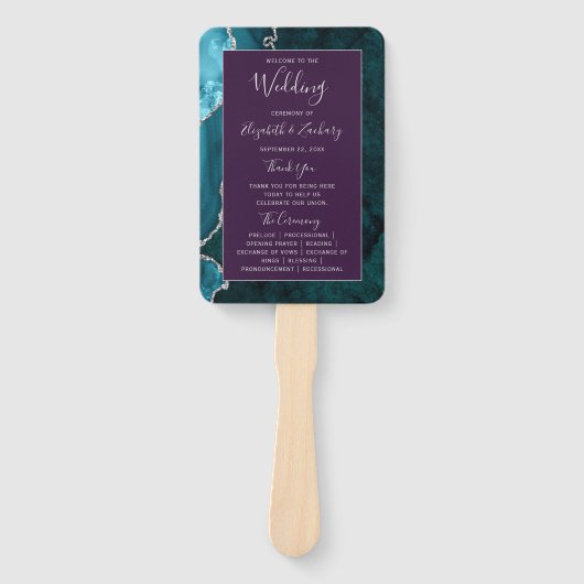 Teal Silver Agate Purple Wedding Program Fächer (Vorderseite)
