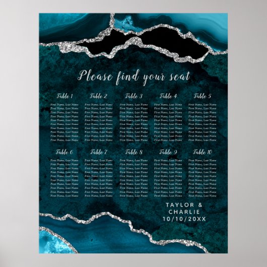 Teal Silver Agate Wedding Seating Chart 10 Table Poster (Vorne)