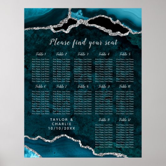 Teal Silver Agate Wedding Seating Chart 12 Table Poster (Vorne)