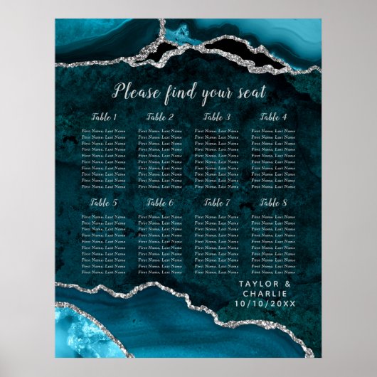 Teal Silver Agate Wedding Seating Chart 8 Table Poster (Vorne)