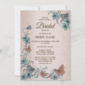 Teal Silver Floral Butterfly Tan Bridal Shower Einladung (Vorderseite)