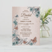Teal Silver Floral Butterfly Tan Bridal Shower Einladung (Stehend Vorderseite)