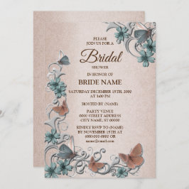 Teal Silver Floral Butterfly Tan Bridal Shower Einladung