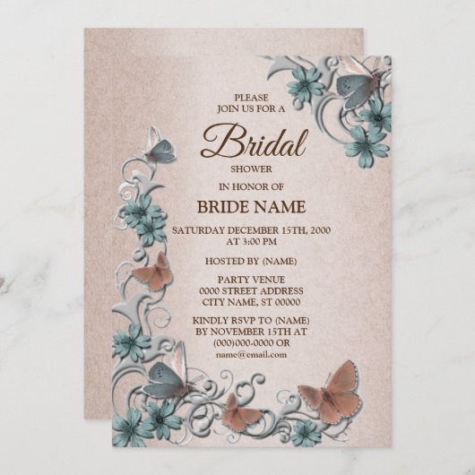 Teal Silver Floral Butterfly Tan Bridal Shower Einladung (Vorne/Hinten)