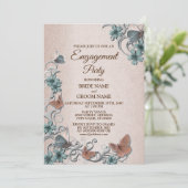 Teal Silver Floral Butterfly Tan Engagement party Einladung (Stehend Vorderseite)