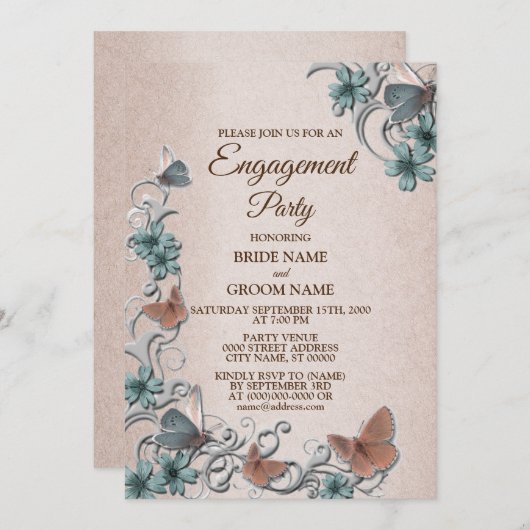 Teal Silver Floral Butterfly Tan Engagement party Einladung (Vorne/Hinten)