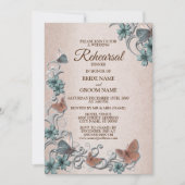 Teal Silver Floral Butterfly Tan Rehearsal Dinner Einladung (Vorderseite)