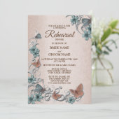 Teal Silver Floral Butterfly Tan Rehearsal Dinner Einladung (Stehend Vorderseite)