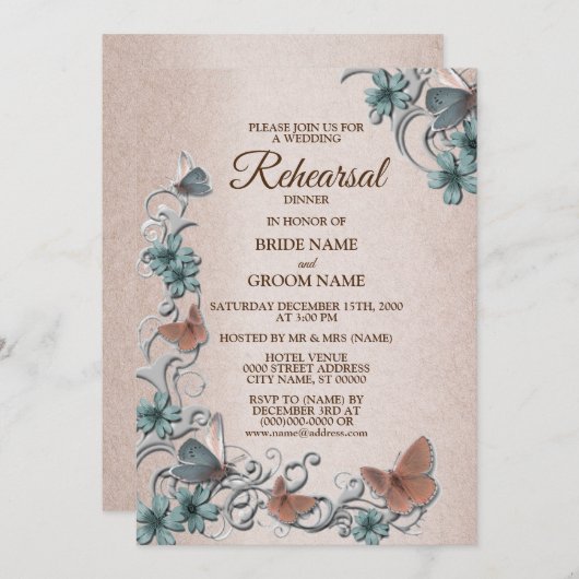 Teal Silver Floral Butterfly Tan Rehearsal Dinner Einladung (Vorne/Hinten)