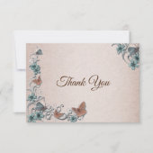 Teal Silver Floral Copper Butterfly Tan Wedding Dankeskarte (Vorderseite)
