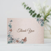 Teal Silver Floral Copper Butterfly Tan Wedding Dankeskarte (Stehend Vorderseite)