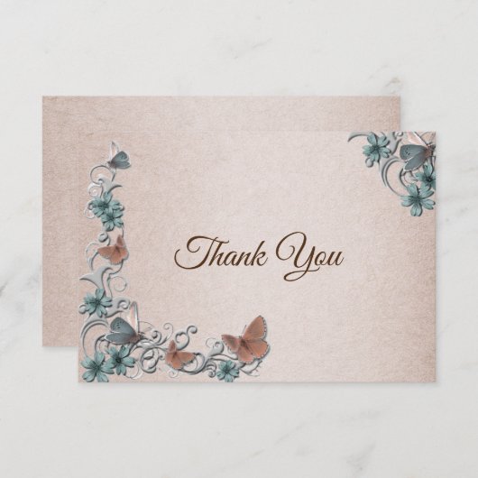 Teal Silver Floral Copper Butterfly Tan Wedding Dankeskarte (Vorne/Hinten)