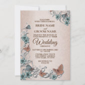 Teal Silver Floral Copper Butterfly Tan Wedding Einladung (Vorderseite)
