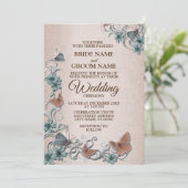 Teal Silver Floral Copper Butterfly Tan Wedding Einladung (Stehend Vorderseite)