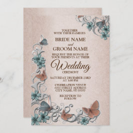 Teal Silver Floral Copper Butterfly Tan Wedding Einladung