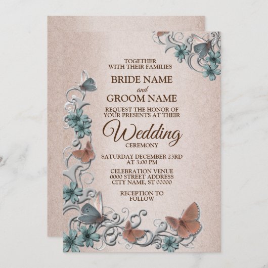 Teal Silver Floral Copper Butterfly Tan Wedding Einladung (Vorne/Hinten)