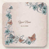Teal Silver Floral Copper Butterfly Tan Wedding Getränkeuntersetzer (Vorderseite)