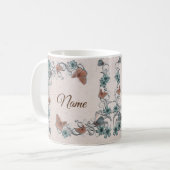 Teal Silver Floral Copper Butterfly Tan Wedding Kaffeetasse (Vorderseite Links)
