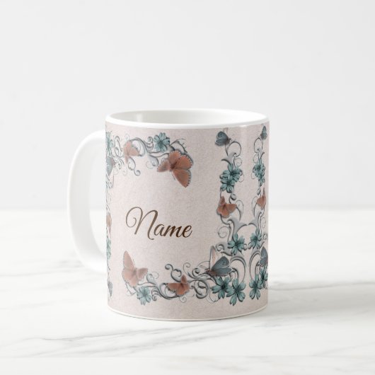 Teal Silver Floral Copper Butterfly Tan Wedding Kaffeetasse (Vorderseite Links)