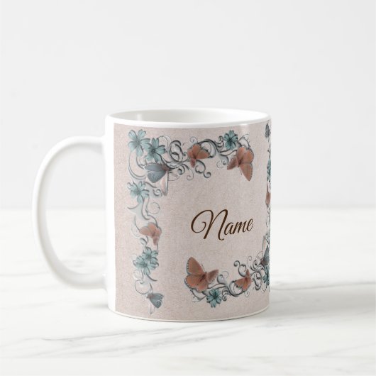 Teal Silver Floral Copper Butterfly Tan Wedding Kaffeetasse (Links)