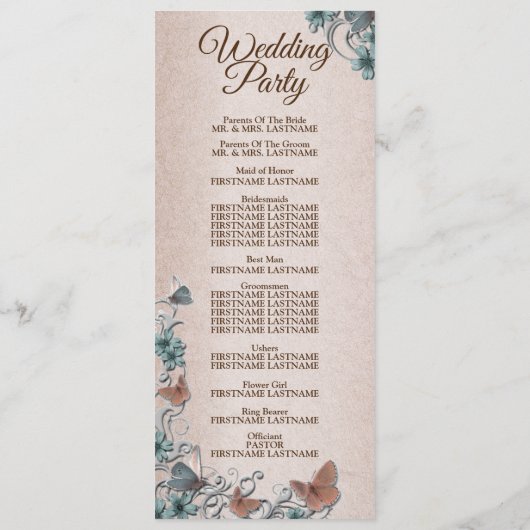 Teal Silver Floral Copper Butterfly Tan Wedding Programm (Rückseite)
