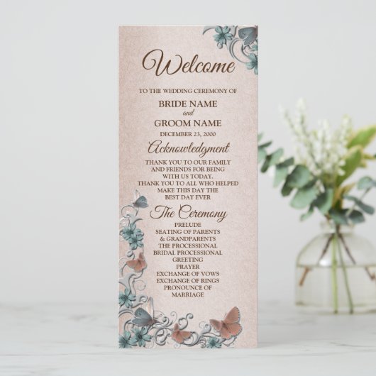 Teal Silver Floral Copper Butterfly Tan Wedding Programm (Stehend Vorderseite)
