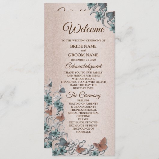 Teal Silver Floral Copper Butterfly Tan Wedding Programm (Vorne/Hinten)