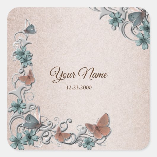 Teal Silver Floral Copper Butterfly Tan Wedding Quadratischer Aufkleber (Vorderseite)