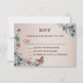 Teal Silver Floral Copper Butterfly Tan Wedding RSVP Karte (Vorderseite)