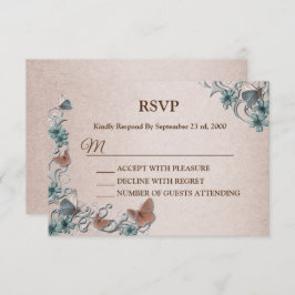 Teal Silver Floral Copper Butterfly Tan Wedding RSVP Karte
