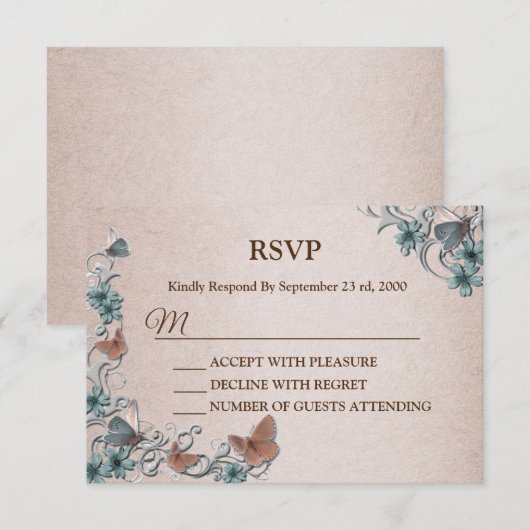 Teal Silver Floral Copper Butterfly Tan Wedding RSVP Karte (Vorne/Hinten)