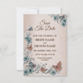 Teal Silver Floral Copper Butterfly Tan Wedding Save The Date (Vorderseite)