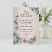 Teal Silver Floral Copper Butterfly Tan Wedding Save The Date (Stehend Vorderseite)