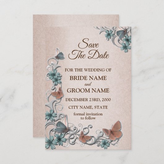 Teal Silver Floral Copper Butterfly Tan Wedding Save The Date (Vorne/Hinten)