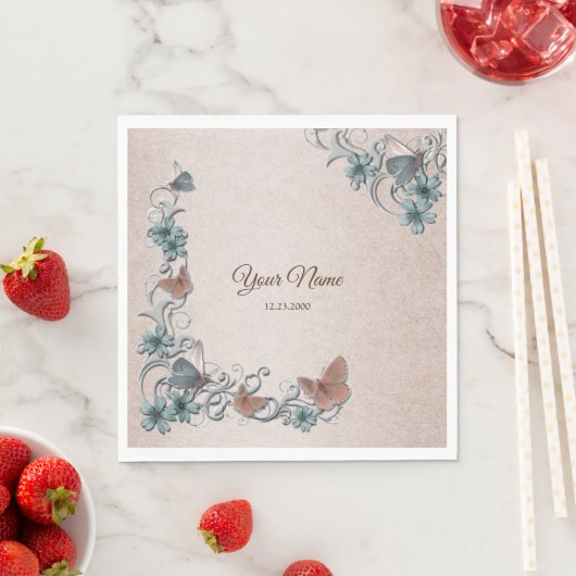 Teal Silver Floral Copper Butterfly Tan Wedding Serviette (Beispiel)