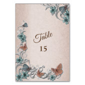 Teal Silver Floral Copper Butterfly Tan Wedding Tischnummer (Rückseite)
