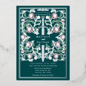 Teal Silver Royal Sword Medieval Fantasy Wedding Folieneinladung (Vorderseite)