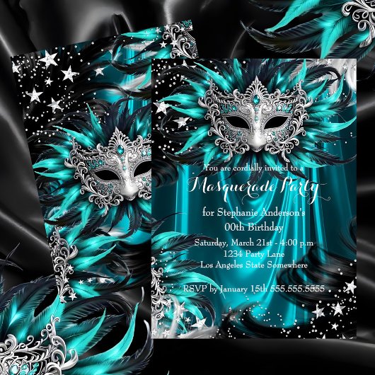 Teal Silver Sparkle Magical Night Masquerade Party Einladung