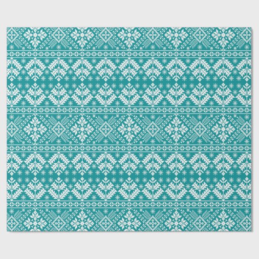 Teal Snowflake & Floral Fair Isle Christmas Geschenkpapier (Flach)