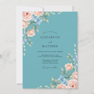 Teal Soft Blossom Romance Hochzeit Einladung