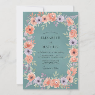 Teal Soft Floral Wreath Hochzeit Einladung