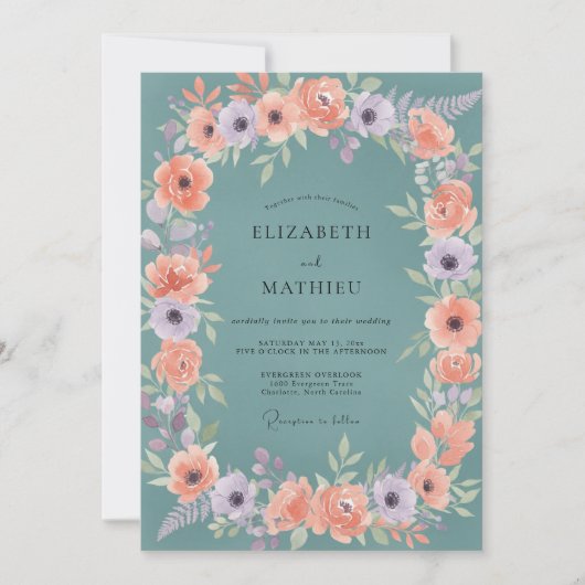 Teal Soft Floral Wreath Hochzeit Einladung (Vorderseite)