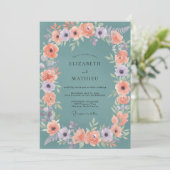 Teal Soft Floral Wreath Hochzeit Einladung (Stehend Vorderseite)